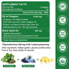 Packaging image of the 2-in-1 oregano oil and black seed oil softgels
