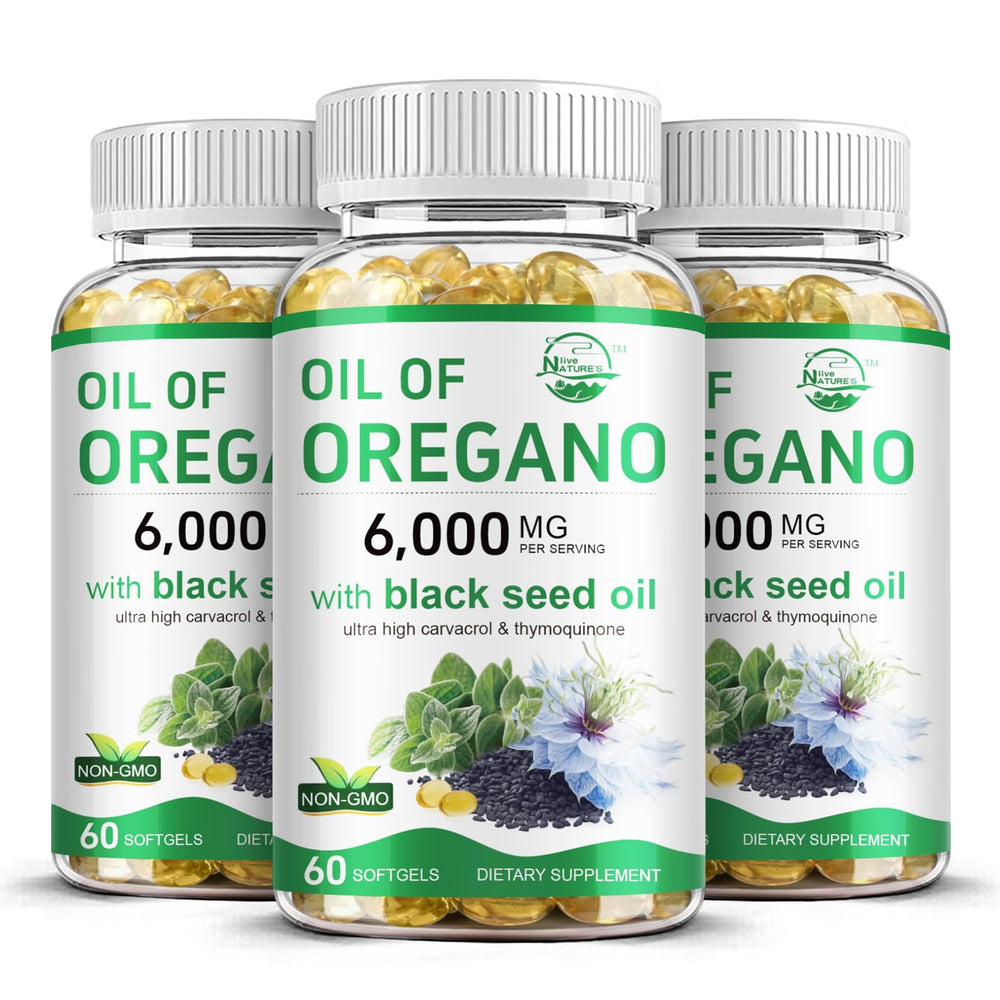 Hero image showing Nature's Live Oil of Oregano and Black Seed Softgels in a 3-pack