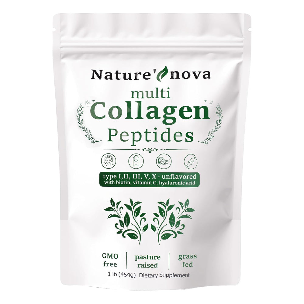 Nature's Nova bottle with scoop of multi collagen peptides powder