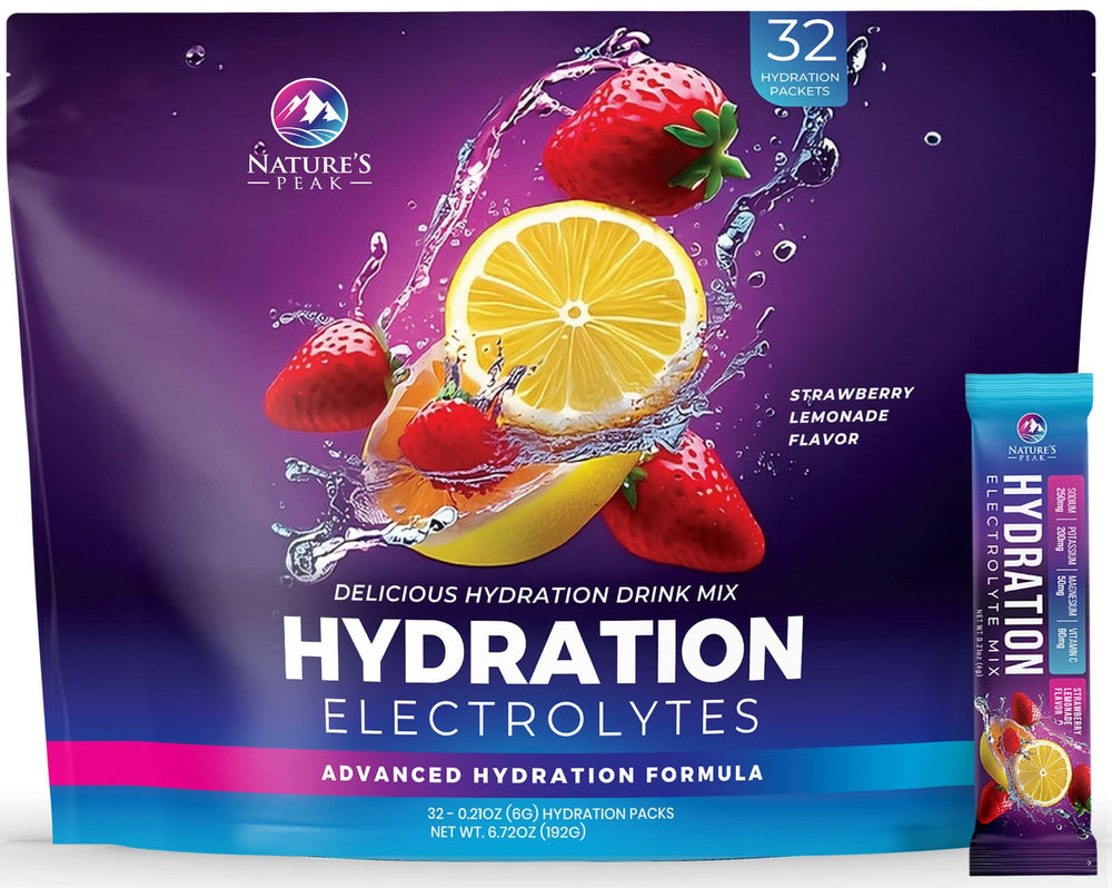 Nature's Peak electrolyte packets Strawberry Lemon being poured for quick hydration after exercise.