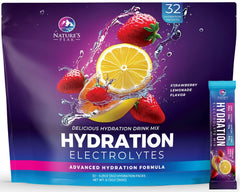 Nature's Peak electrolyte packets Strawberry Lemon being poured for quick hydration after exercise.
