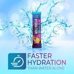 Nature's Peak electrolyte packets being added to water to mix a refreshing drink.