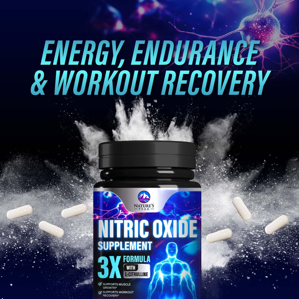 Nature's Peak Nitric Oxide Booster flow visual demonstrates vasodilation concept, suggesting pumps.