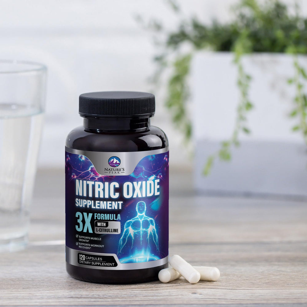 Nature's Peak Nitric Oxide Booster on store shelf signals mainstream availability and reliable supplement.