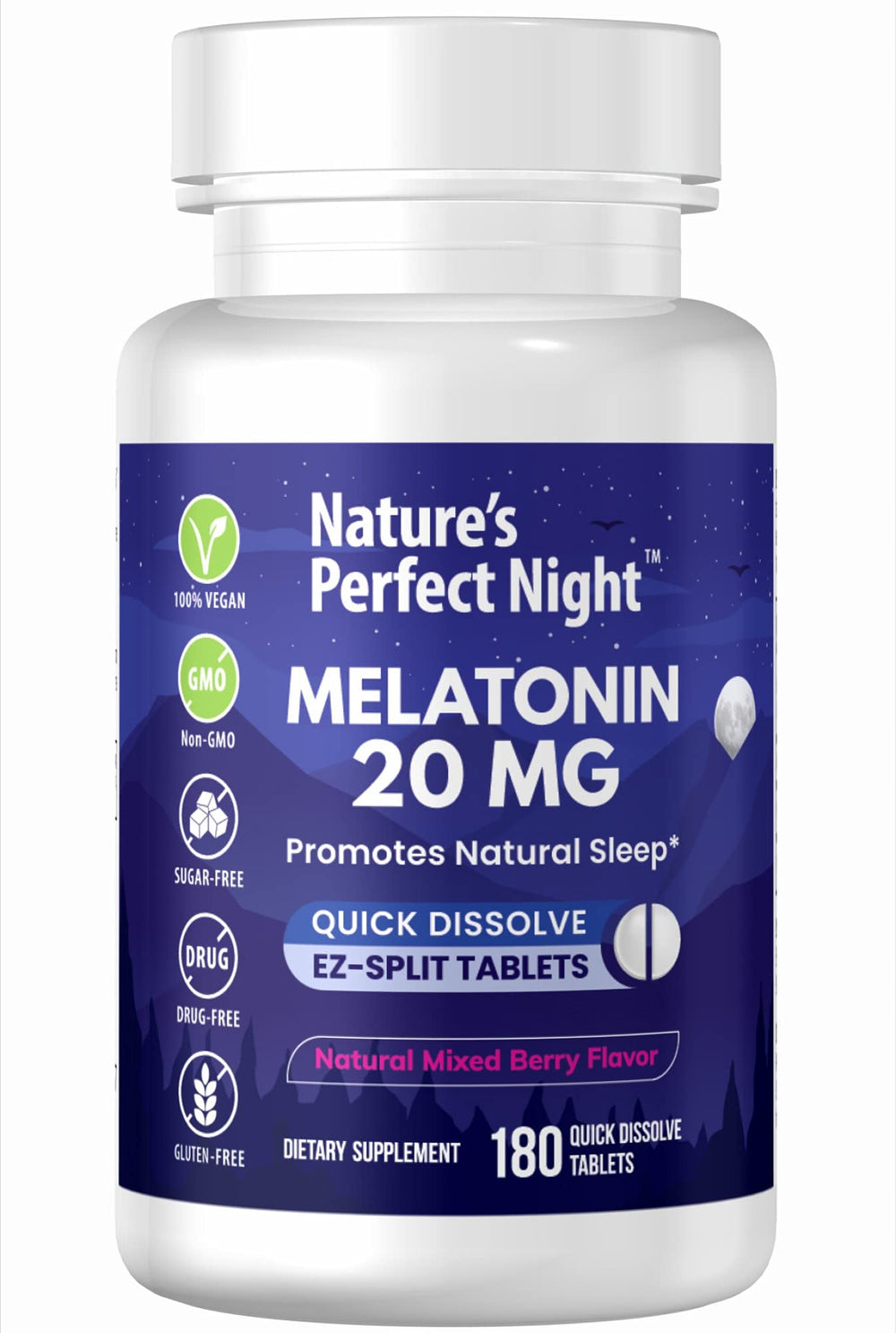 Nature's Perfect Night Melatonin 20mg – Berry flavor – 180 quick-dissolve tablets