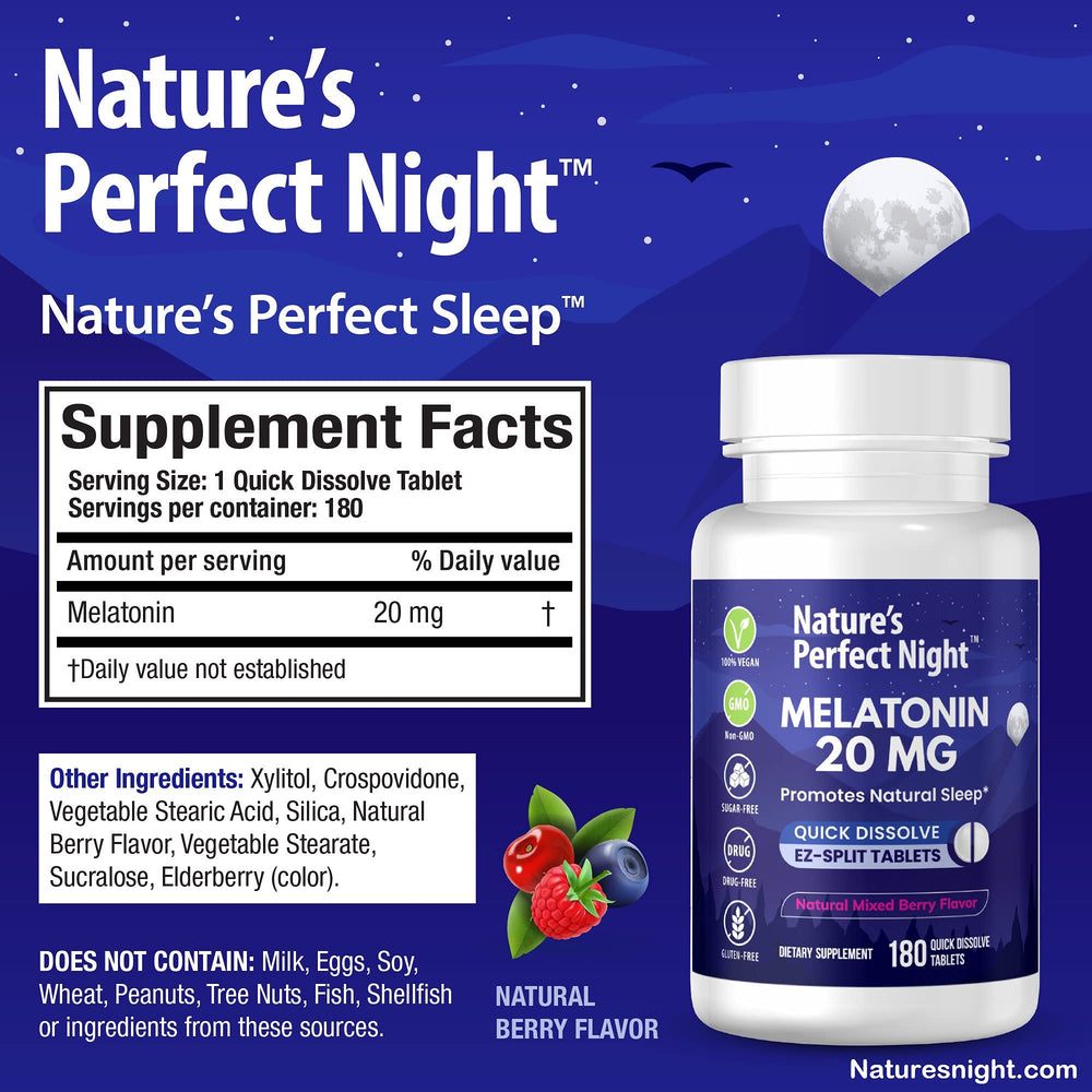 Melatonin tablets in berry flavor highlighting 20mg dosage