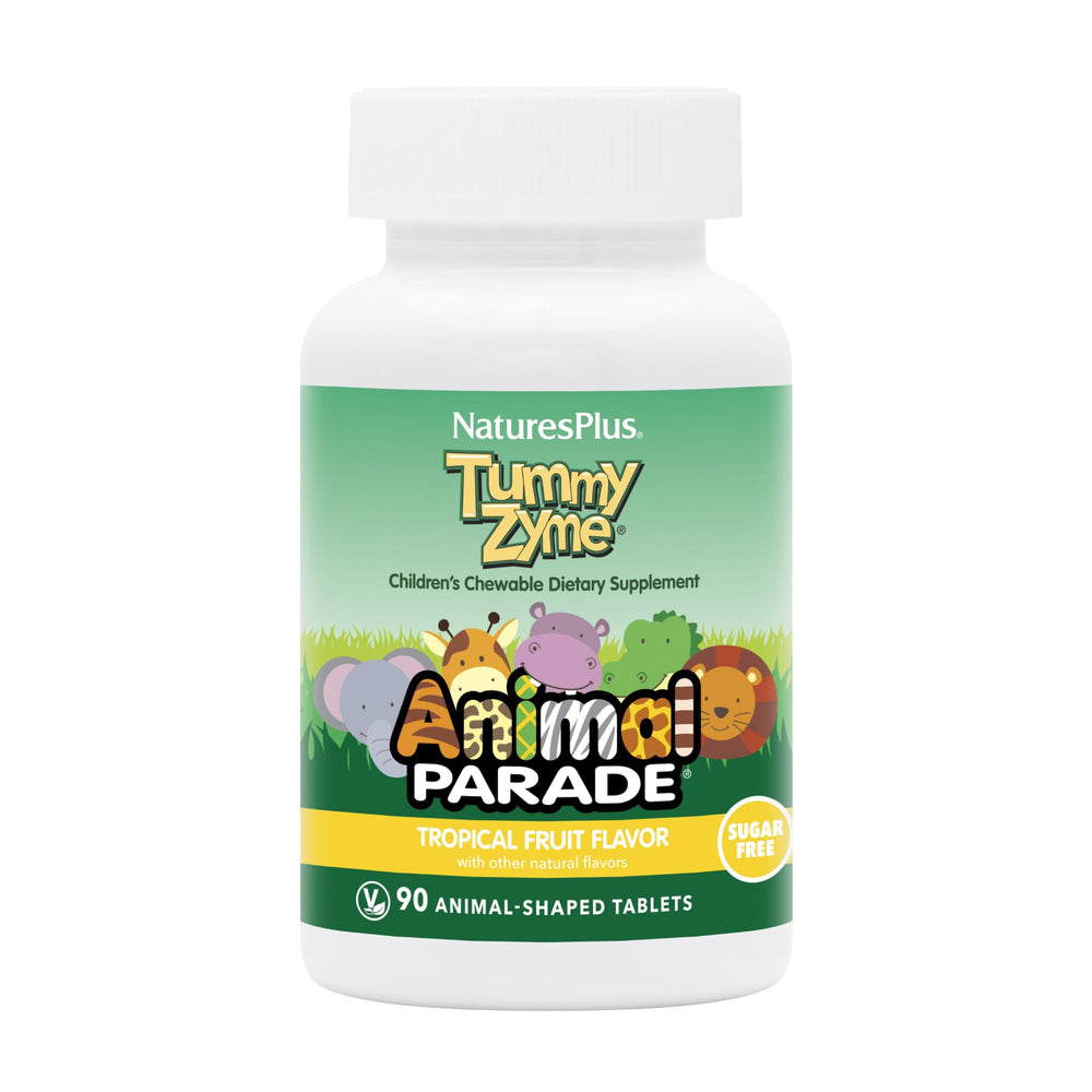 Natures Plus Animal Parade Tummy Zyme packaging featuring 90 animal-shaped tablets