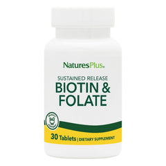 Front label of Natures Plus Biotin & Folic Acid bottle