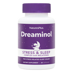 Bottle of Natures Plus DREAMINOL Stress & Sleep Complex with Melatonin