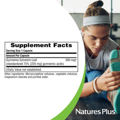Packaging label for Natures Plus Herbal Actives Gymnema Sylvestre Ayurvedic Botanical Supplement