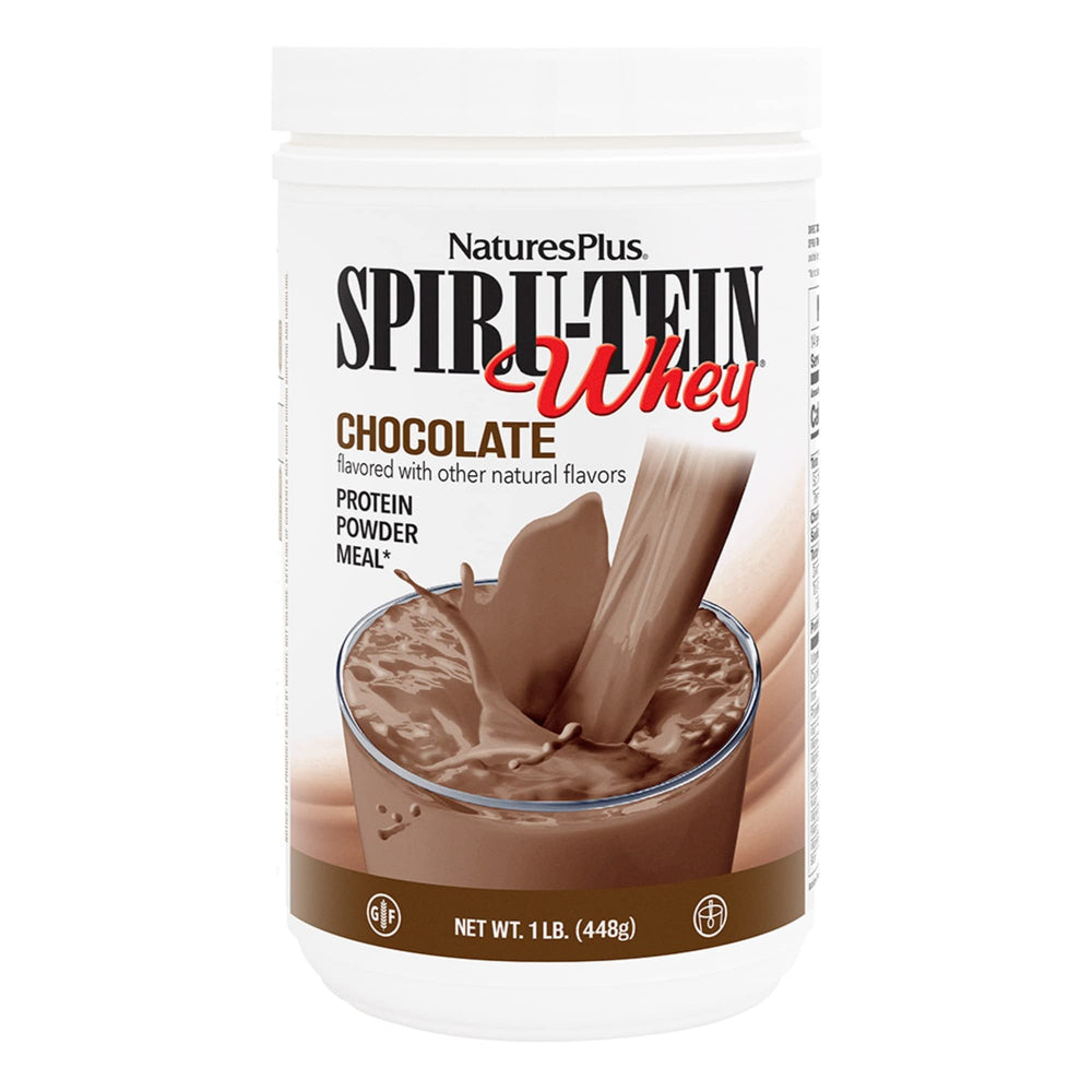 Natures Plus SPIRU-TEIN Whey Shake Chocolate 1 lb front view