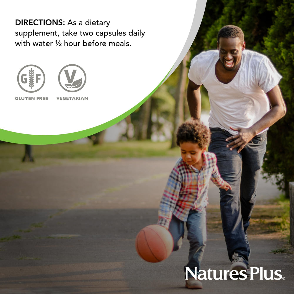 Lifestyle scene with Natures Plus Ultra capsules and fresh ingredients
