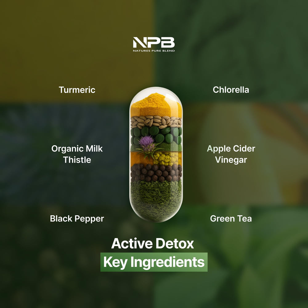 Nature's Pure Blend Active Detox turmeric powder shows curcumin with pepper for absorption