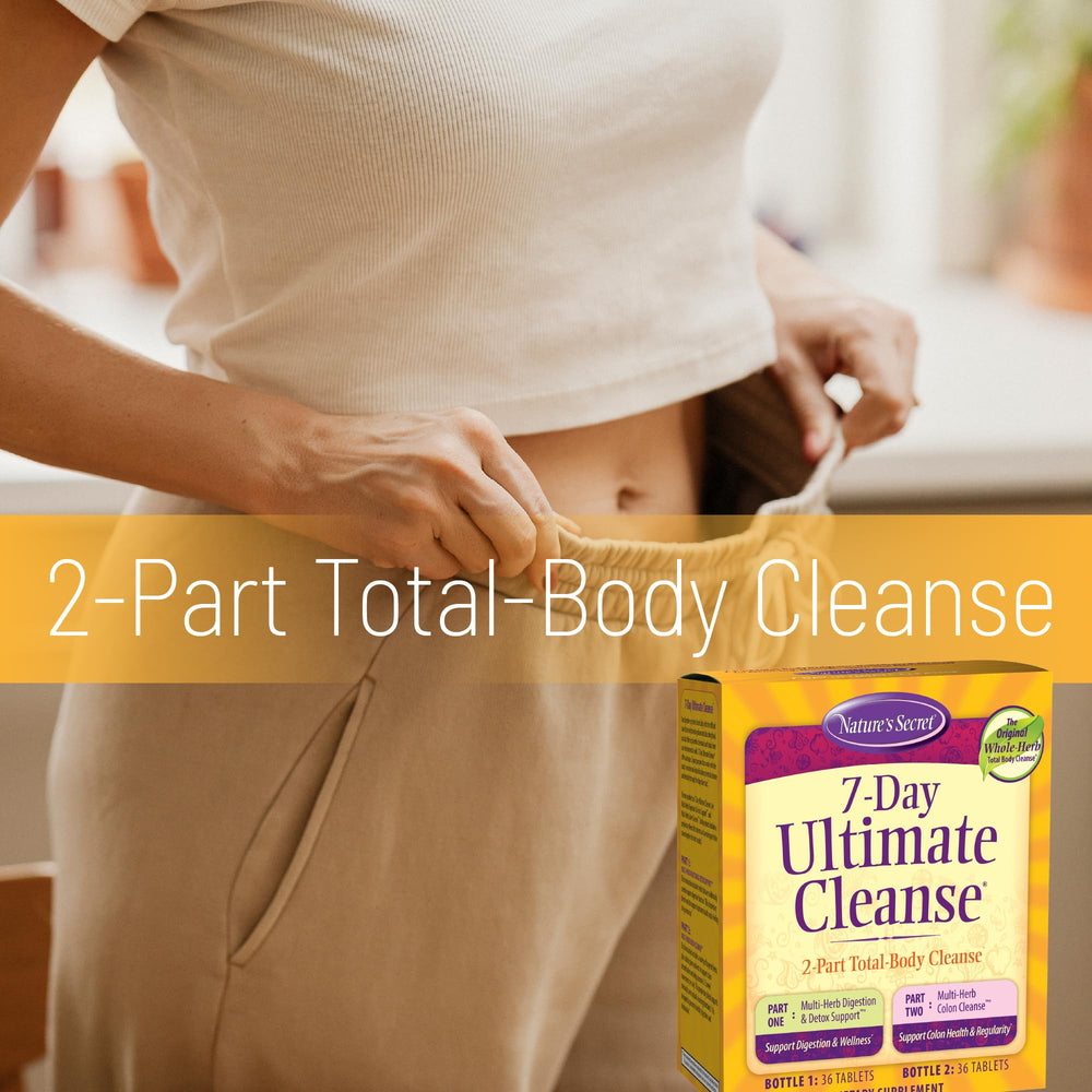 Nature's Secret 7 Day Ultimate Cleanse herbal ingredients display emphasizes multi-herb blend.