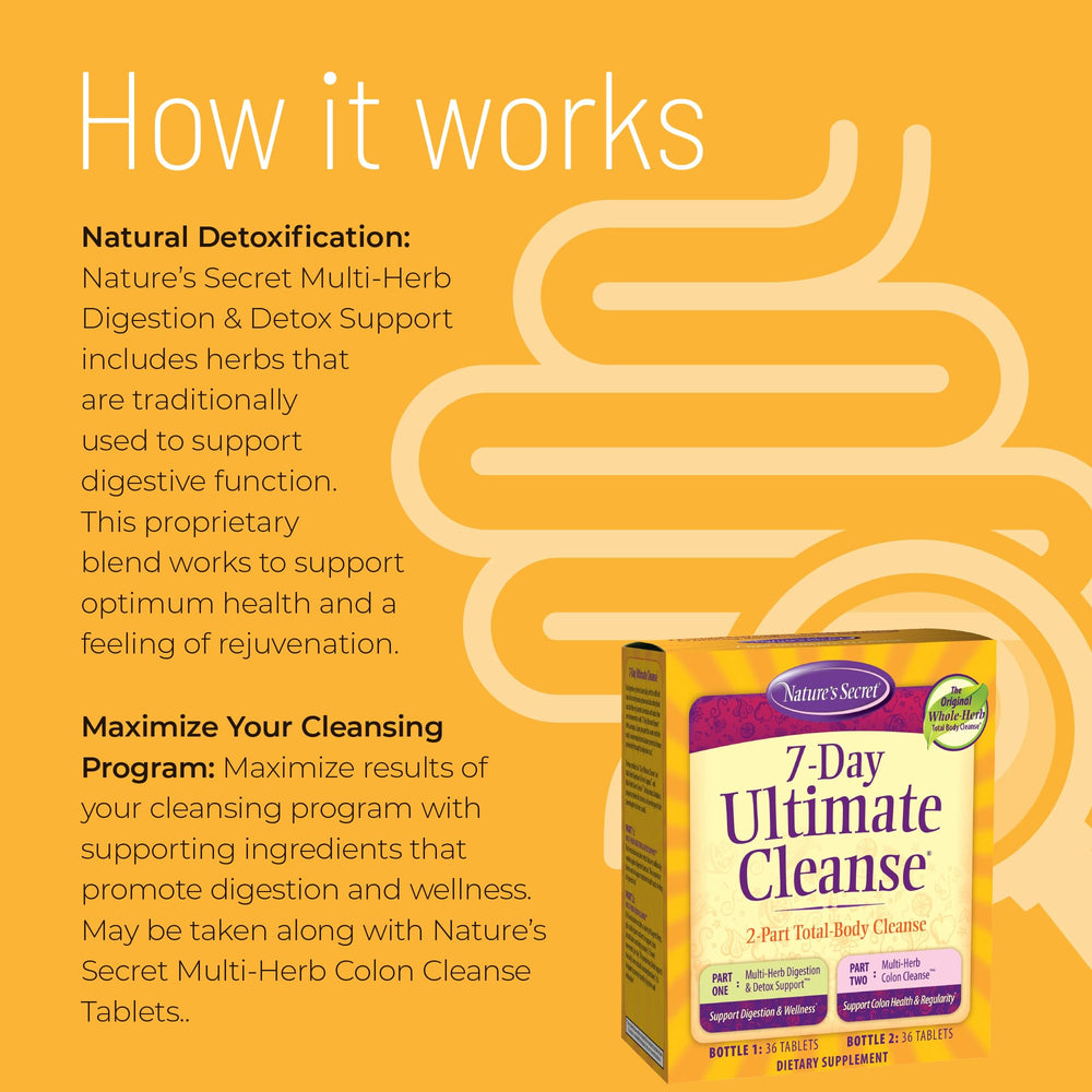 Nature's Secret 7 Day Ultimate Cleanse multi-fiber tablets scene suggests gentle colon support.