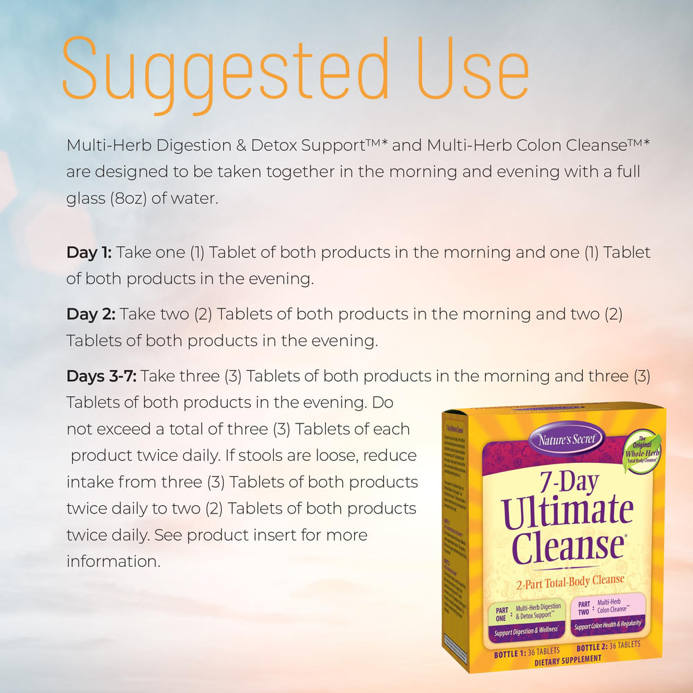 Nature's Secret 7 Day Ultimate Cleanse tablets close-up highlights compact daily capsules.