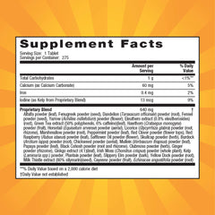 Close-up of herbal ingredients including alfalfa, dandelion, fennel and green tea