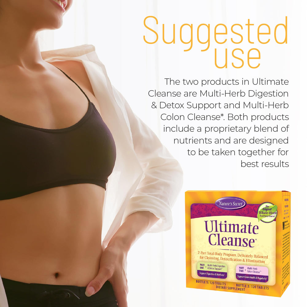 Nature's Secret Ultimate Cleanse two-part detox packaging highlights digestive cleanse synergy.