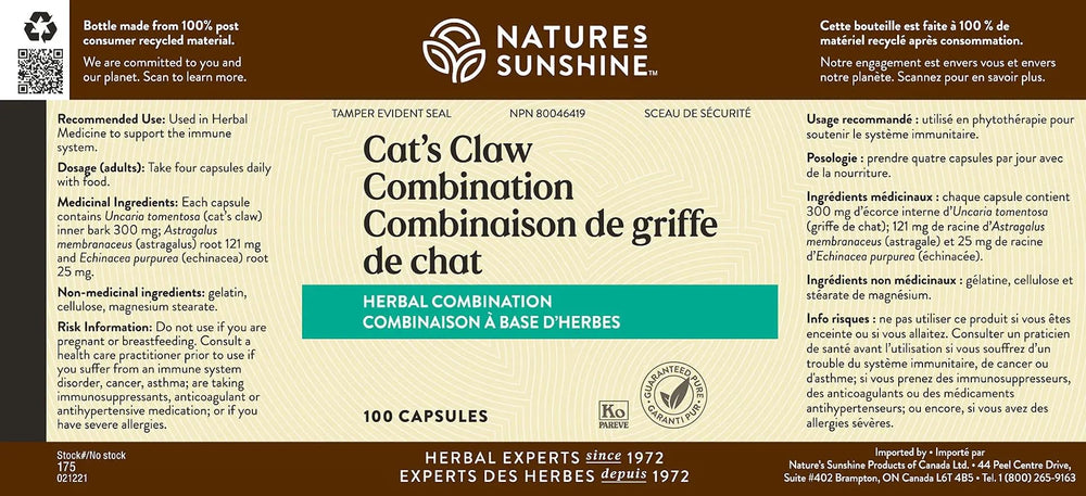 Cat's Claw Una de Gato 100 Capsules – digestive and immune system support