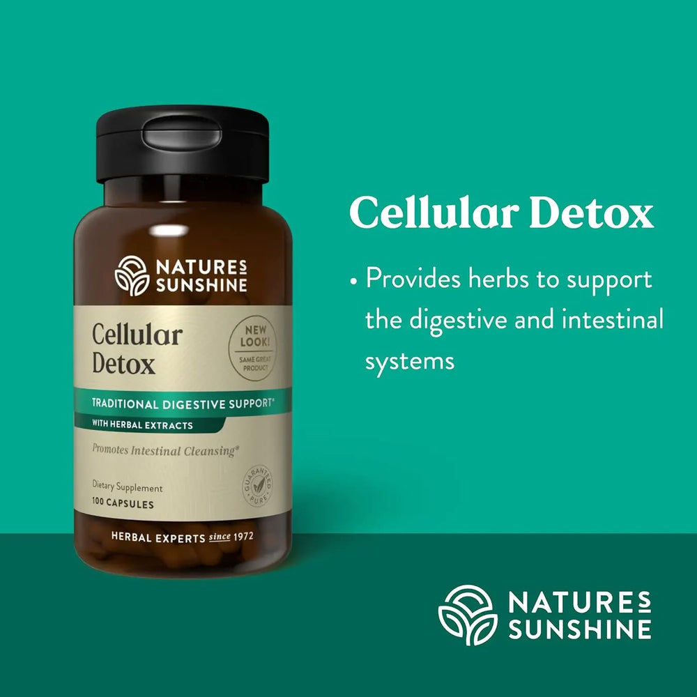Nature's Sunshine Cellular Detox capsules close-up highlighting herbal ingredients for gentle cleansing.