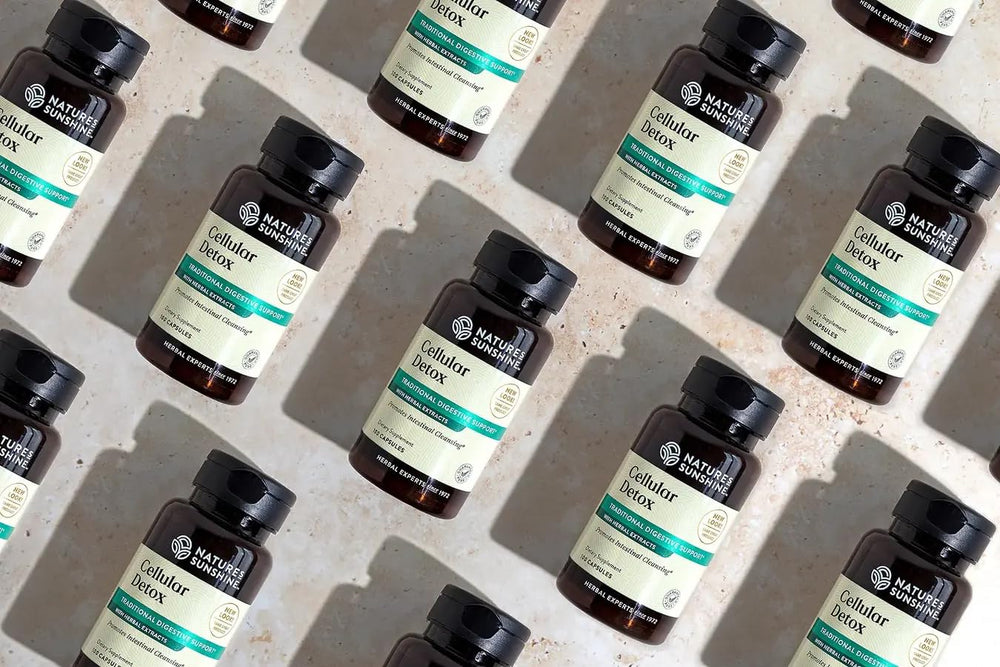 Nature's Sunshine Cellular Detox ingredients panel featuring gentian, cascara sagrada, and fenugreek.