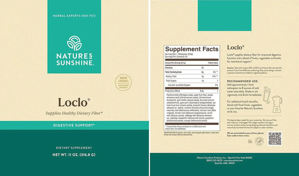 Ingredients list for Loclo showing psyllium hulls, apple fiber, cinnamon, acacia gum, flax seed