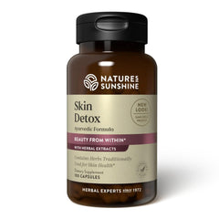 Nature's Sunshine Skin Detox bottle label showing herbal blend for skin support.