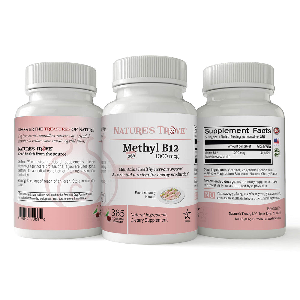 Natures Trove B12 bottle label showing vegan gluten-free and kosher certifications