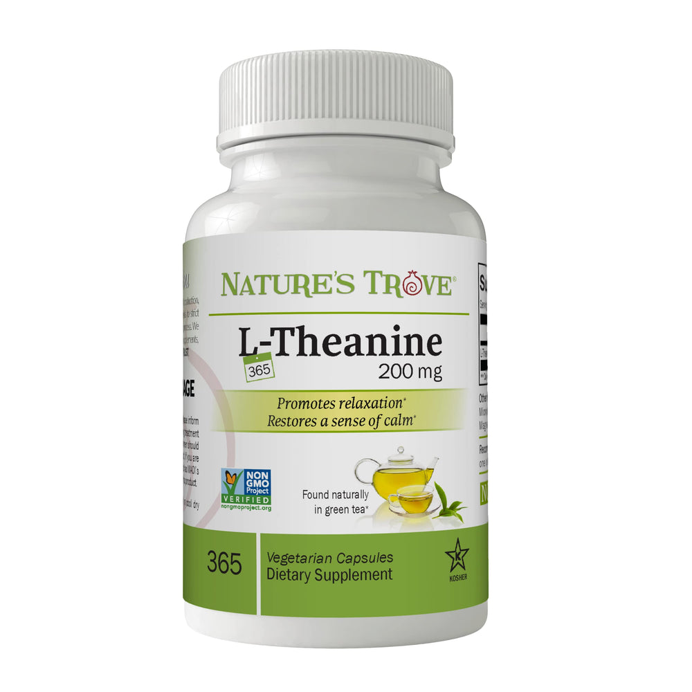 Nature's Trove L-Theanine 200mg bottle with 365 vegetarian capsules