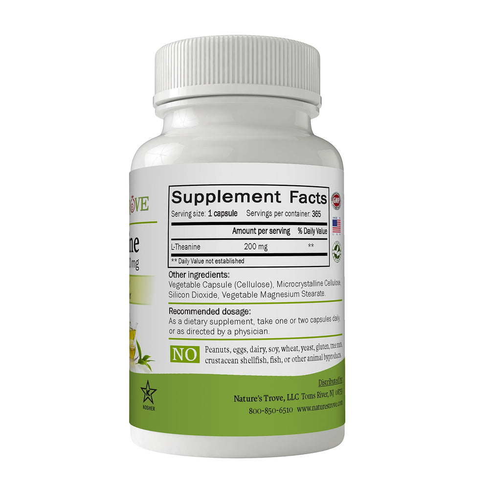 Close-up of Nature's Trove L-Theanine 200mg label highlighting green tea origin