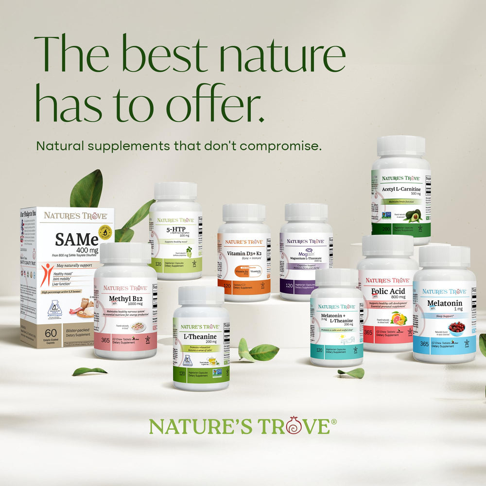 Nature's Trove L-Theanine 200mg usage-ready bottle on desk