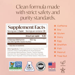 Allergen-free Nature's Trove SAM-e ingredients with vegan and gluten-free icons