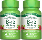 Front view of Nature's Truth B12 Vitamin 5000 mcg 60 fast-dissolve tablets in natural berry flavor Pack of 2
