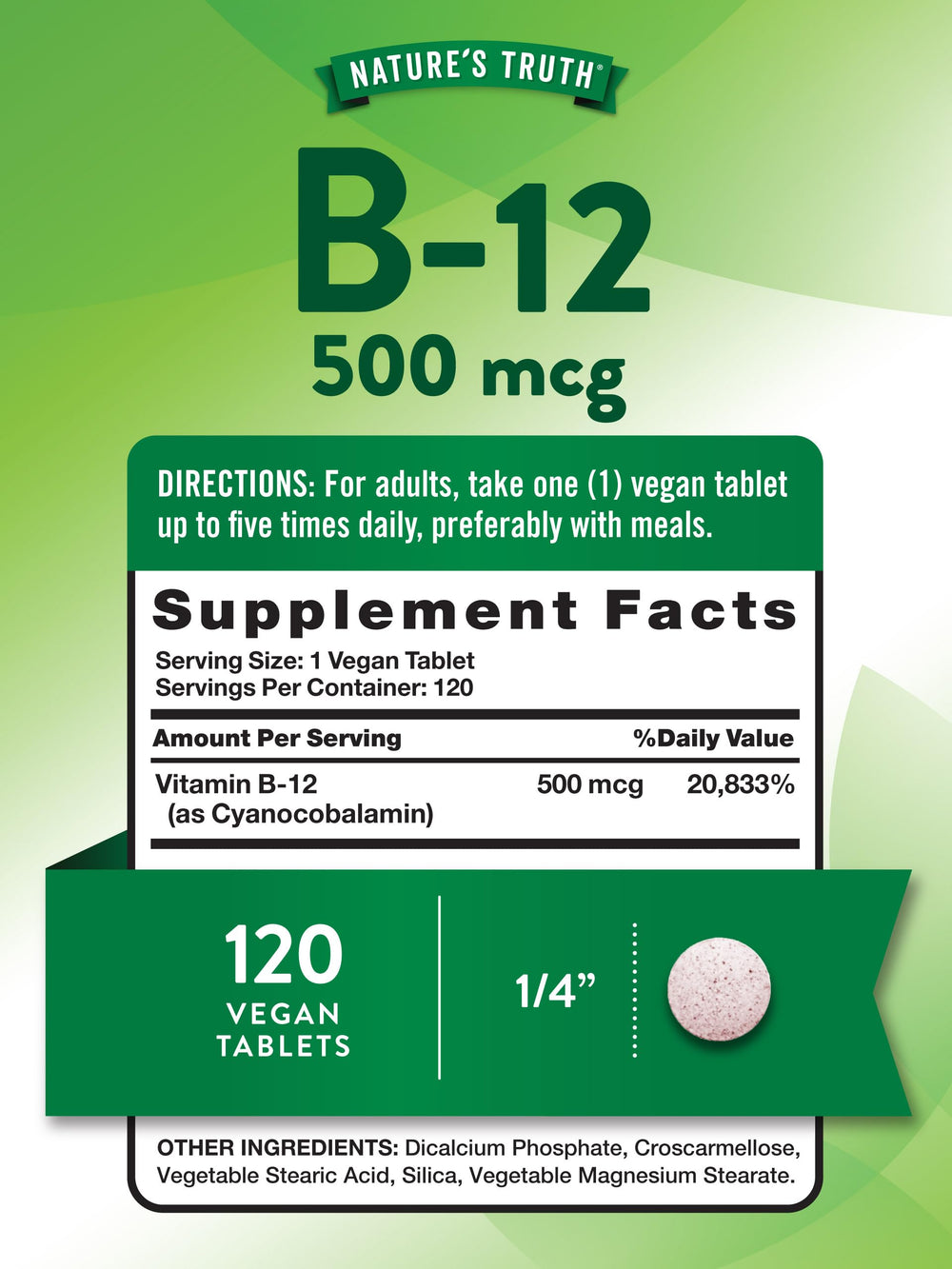 Front view of Nature's Truth B12 500 mcg bottle