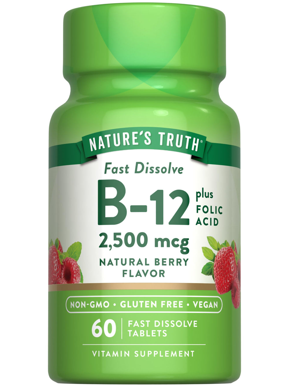 Bottle of Nature's Truth B12 Vitamin 60 fast-dissolve tablets with berry flavor