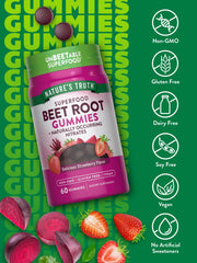 Vegan Beet Root Gummies with gluten-free and non-GMO labels