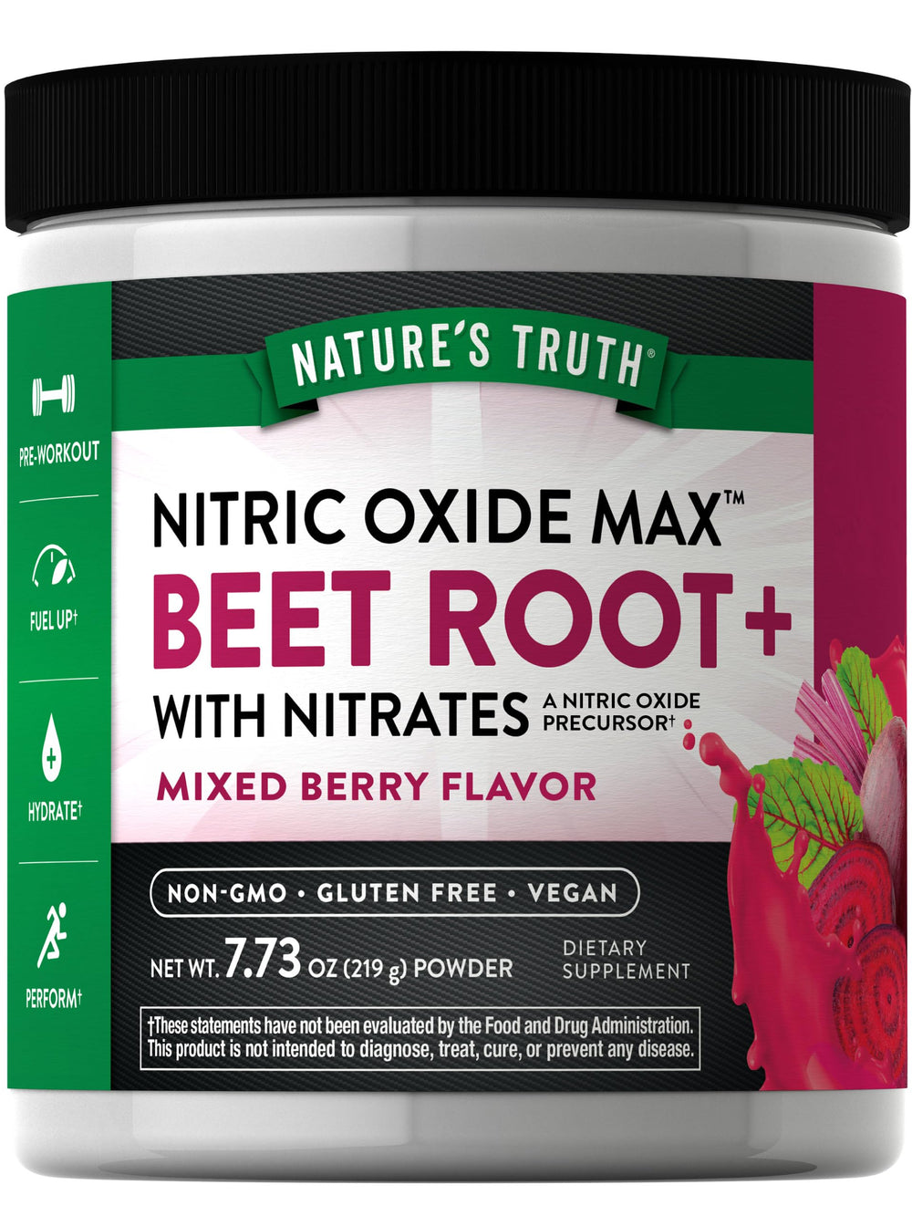 Nature's Truth Beet Root Powder bottle ready for a pre-workout routine, may support healthy blood flow.