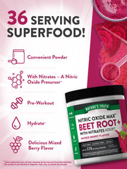 Nature's Truth Beet Root Powder ingredients panel highlights Non-GMO and vegan attributes.