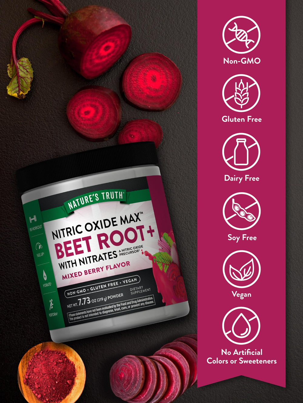 Nature's Truth Beet Root Powder mixed in a shaker, convenient vegan pre-workout option.