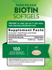 Close-up of Biotin 10,000 mcg rapid-release softgel capsule