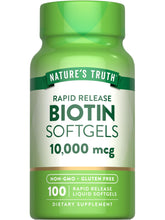 Front view of Nature's Truth Biotin 10,000 mcg Rapid Release Softgels bottle