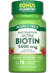Nature's Truth Biotin 5000 mcg bottle front view with natural berry flavor