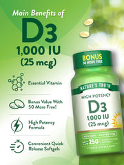 Close-up of daily use Nature's Truth D3 1000 IU softgels