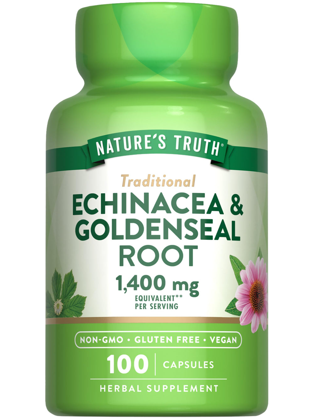 Bottle of Nature's Truth Echinacea Goldenseal Capsules - 1400mg, 100 count