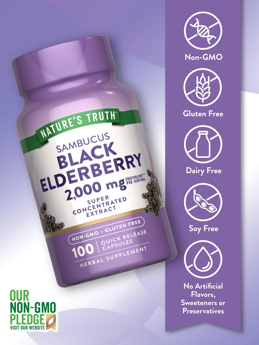 Concentrated Sambucus elderberry extract illustration on packaging.