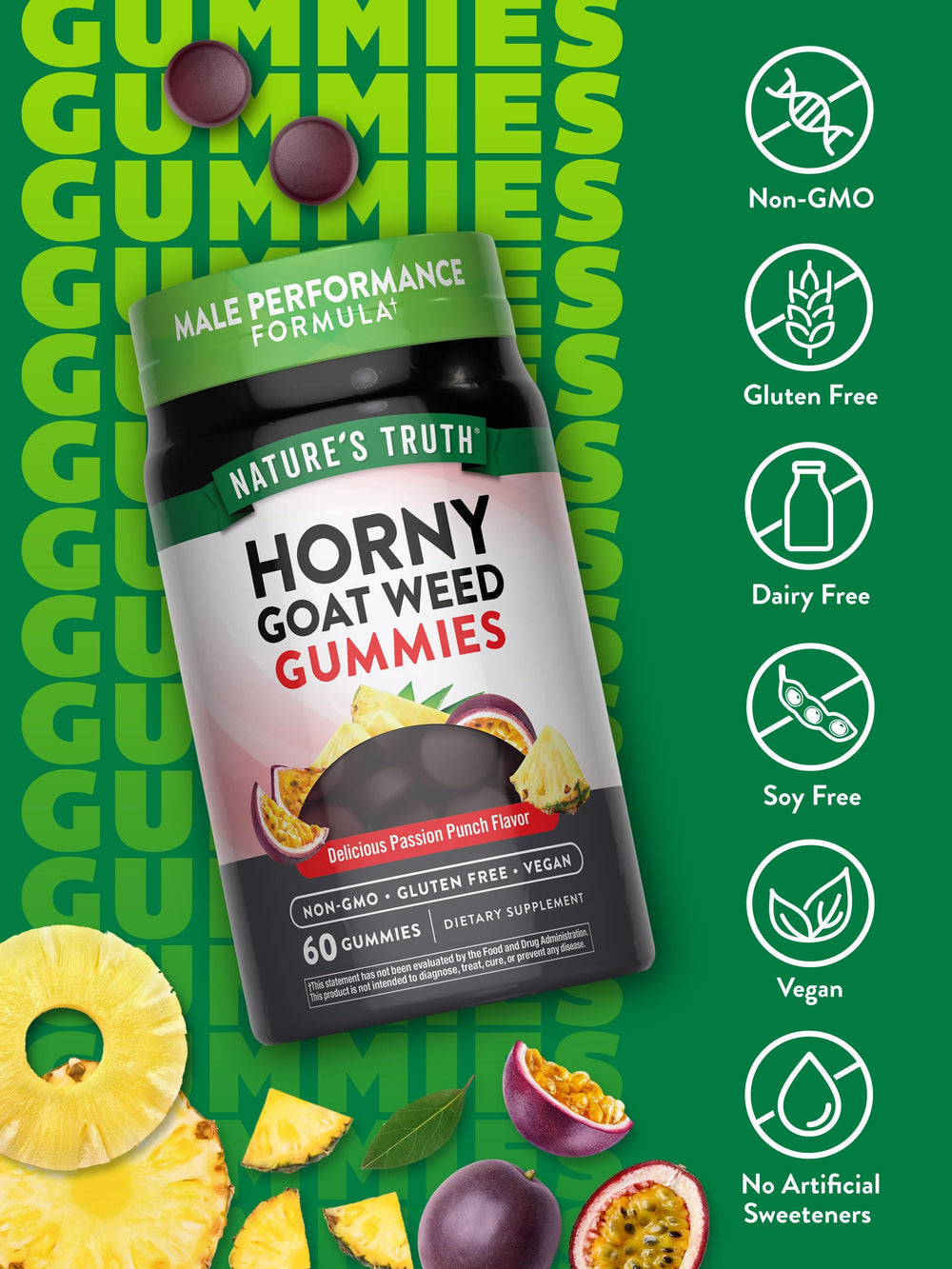 Label close-up of Nature's Truth Horny Goat Weed Gummies