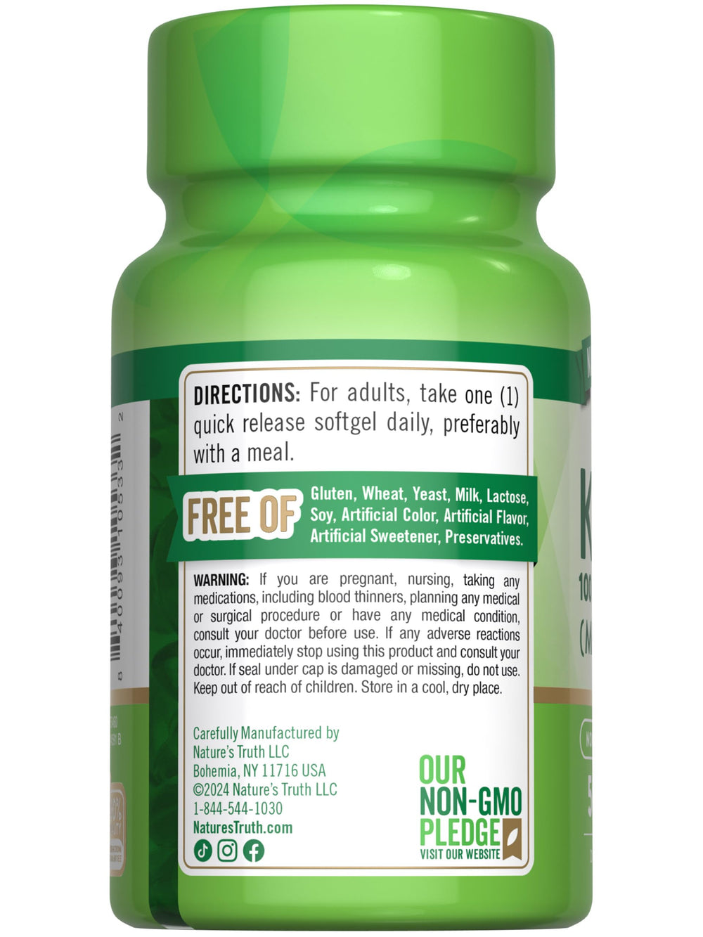 Close-up of Nature's Truth K2 MK7 Complex bottle