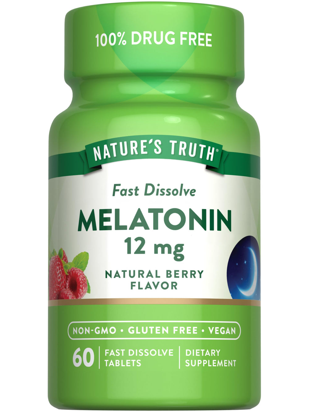 Bottle of Nature's Truth Melatonin 12mg Berry Flavor with 60 fast-dissolve tablets