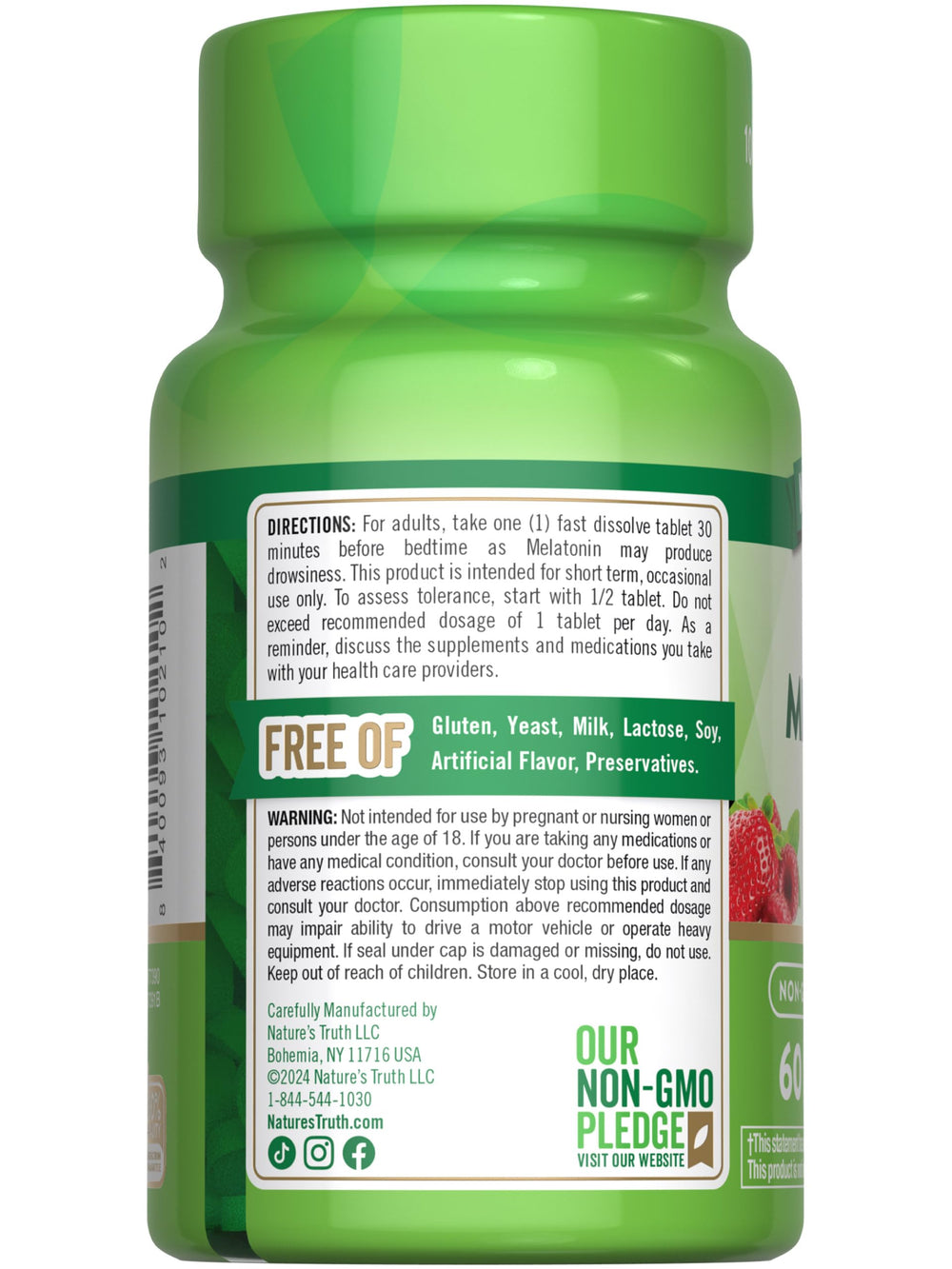 Ingredient list and certifications showing vegan, non-GMO, gluten-free