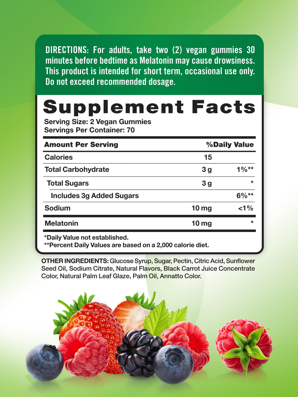 Ingredients shot for Nature's Truth Melatonin Gummies Berry Flavor vegan gummies